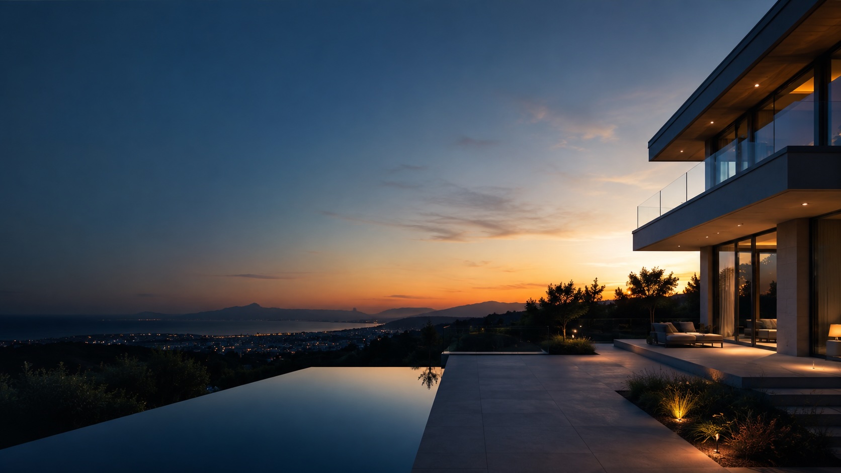 Casa contemporanea con terrazza al tramonto