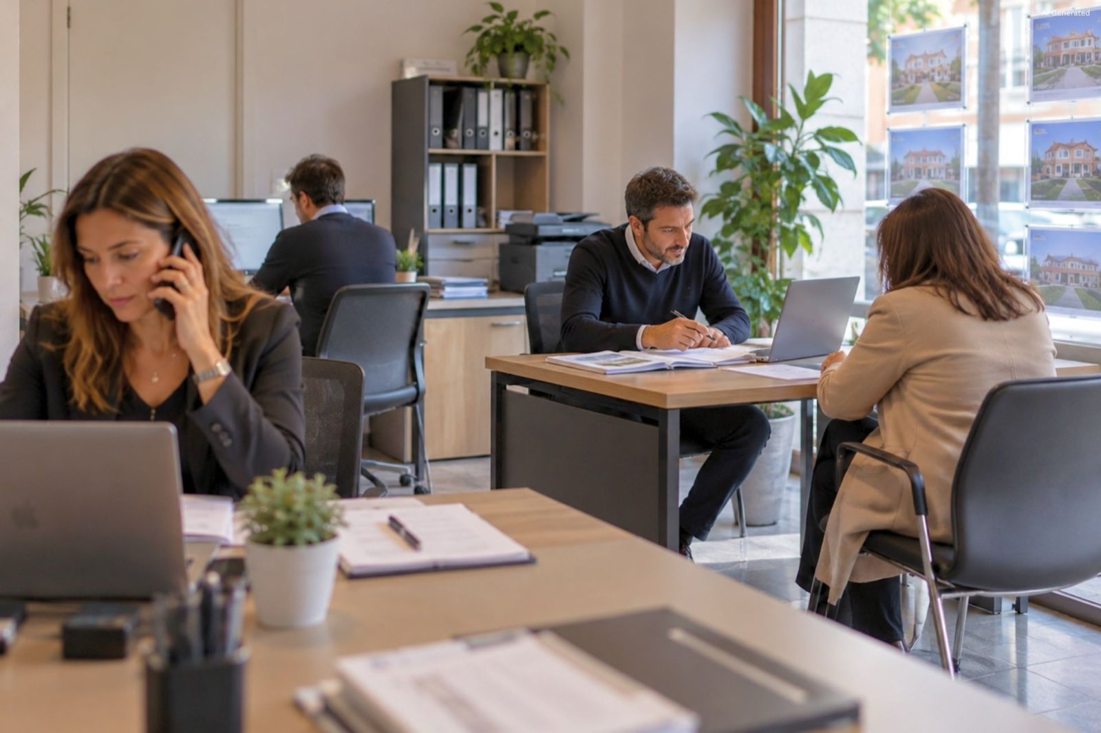 Team di un’agenzia immobiliare al lavoro su incarichi e proprietà