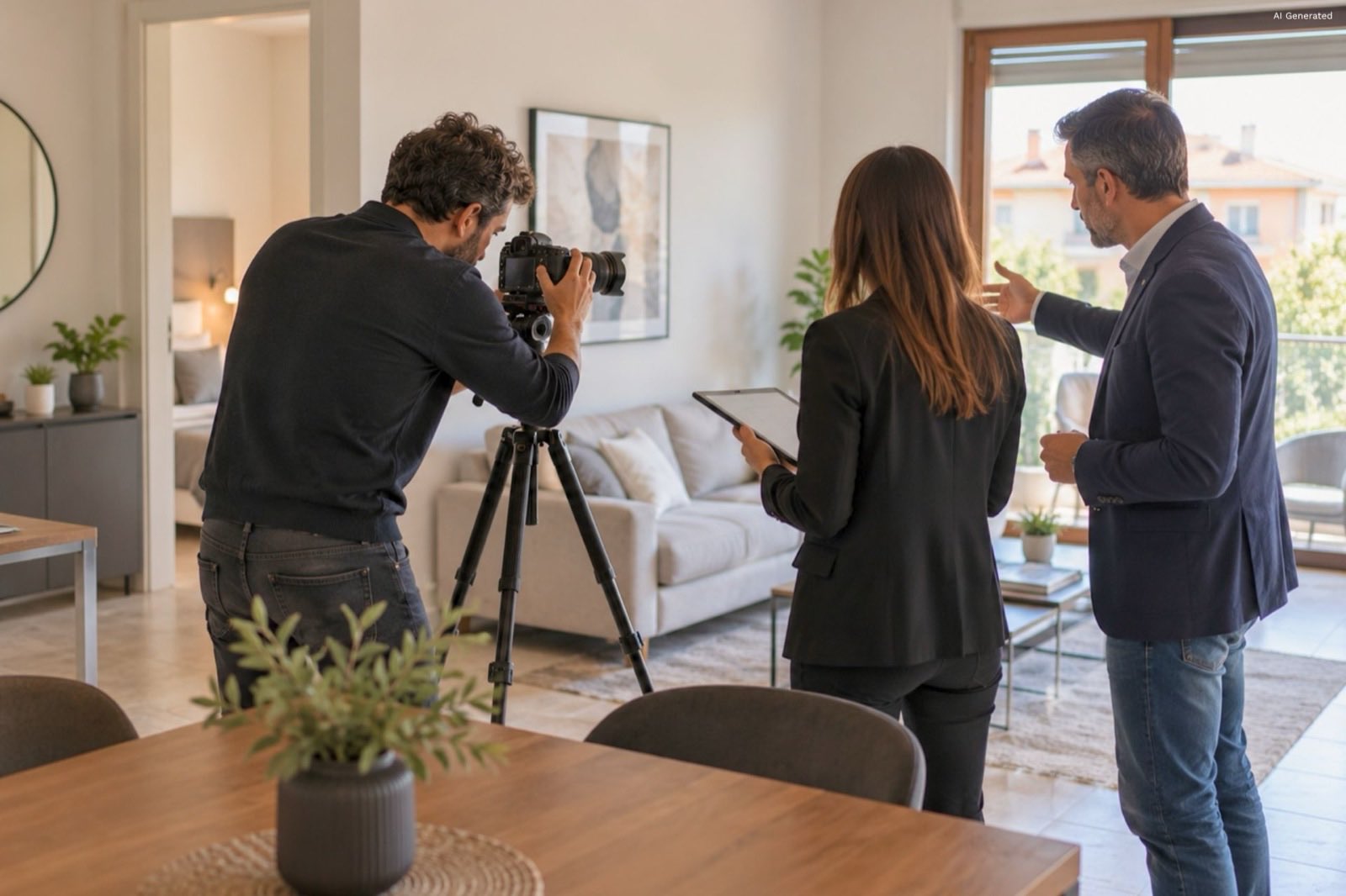 Shooting fotografico in un appartamento: fotografo, agente immobiliare e cliente al lavoro sulla presentazione dell’immobile