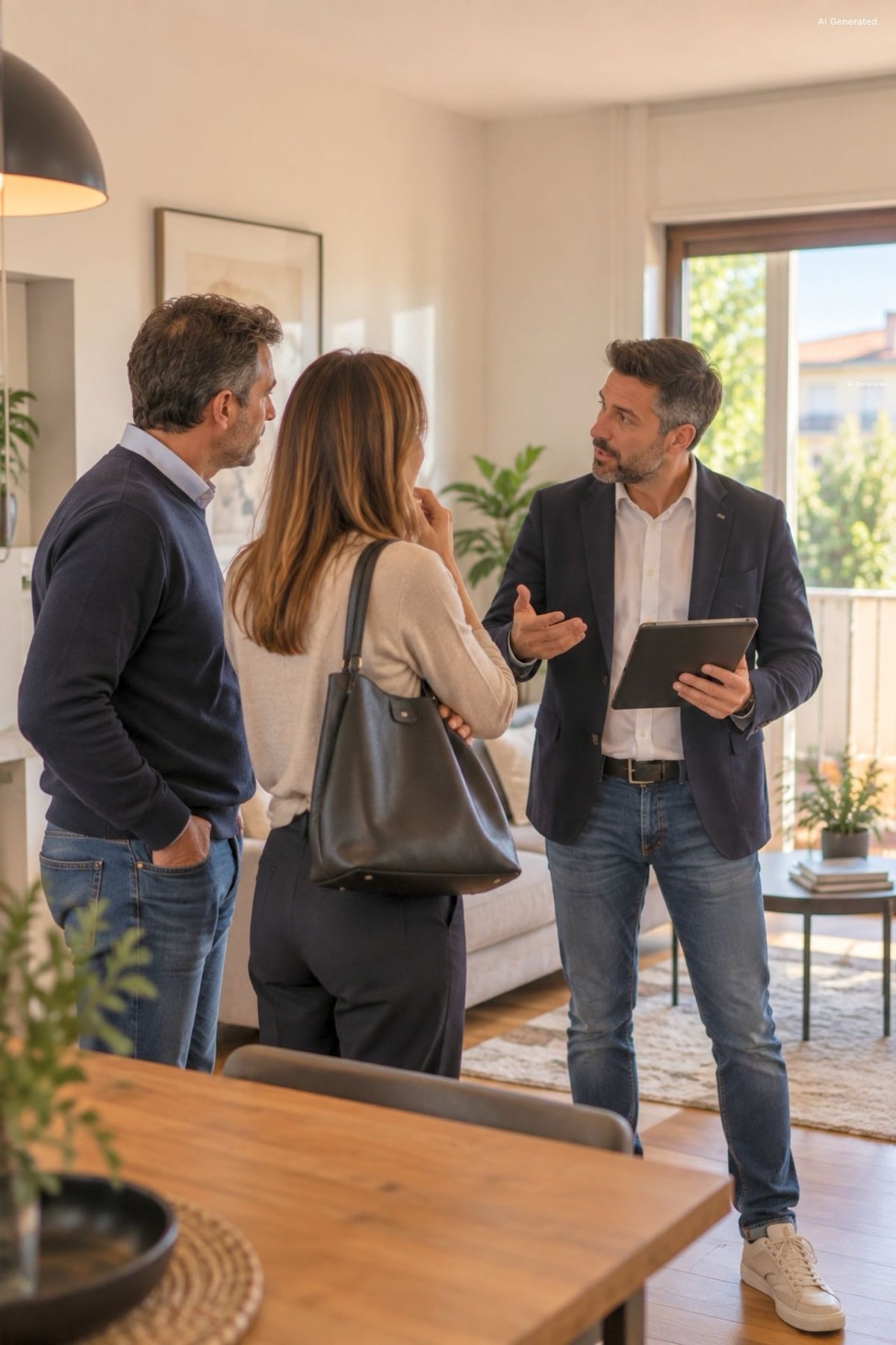 Agente immobiliare in visita con clienti in un appartamento